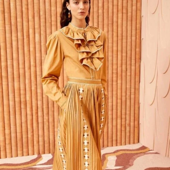 NWOT Resort 2024 ULLA JOHNSON Sabina Embroidered Midi Skirt in Pampas XS $450